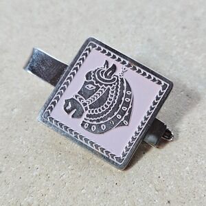 Vtg Swank Horse Head Tie Clip Pink Enamel Silver Tone Square‎ Equestrian Mens